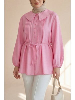 Moda Morfo Bebe Yaka Önü Katlama Detaylı Kolu Lastikli Çilek Gömlek -Pembe