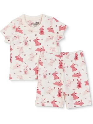 Hellobaby Kız Bebek Pijama Takımı Tavşan Baskılı Çıtçıtlı Bisiklet Yaka Kısa Kol Reçme
