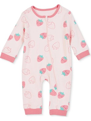 Hellobaby Kız Bebek Tulum Çilek Baskılı Fermuarlı Bisiklet Yaka Uzun Kol Ribanalı