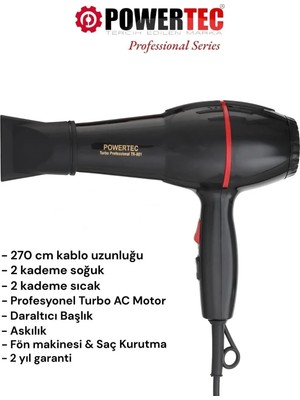 Powertec TR-801 Profesyonel Saç Kurutma & Fön Makinesi - Siyah