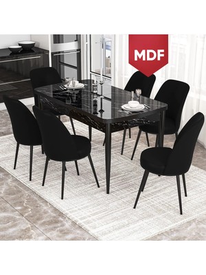 Canisa Concept Via Serisi 80X132 Açılabilir MDF Siyah Mermer Desen Mutfak Masa Takımı-6 Adet Sandalye