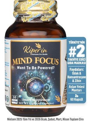 Kiperin Mind Focus Aslan Yelesi Mantarı, Sitikolin, Rhodiola, L-Theanin .. (1440MG) | Akıllı Gıda Takviyesi