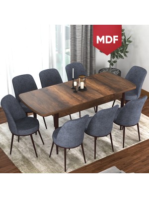 Canisa Concept Via Serisi 80 x 132 cm  MDF Açılabilir Barok Ahşap Desen Mutfak Masa Takımı + 8 Adet Sandalye