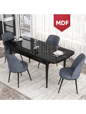 Canisa Concept Via MDF Açılabilir Mutfak Masası Takımı-Siyah Masa+4 Adet  Füme Sandalye