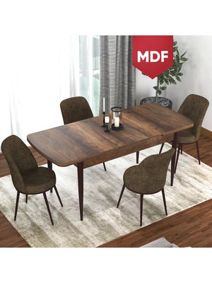 Canisa Concept Via Serisi Açılabilir MDF Barok Ahşap Desenli Mutfak Masası Takımı, Yemek Masası+4 Adet Sandalye