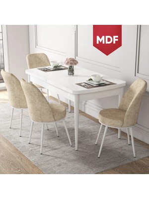 Canisa Concept Via Serisi, 80x132 Açılabilir MDF Beyaz Mutfak Masası Takımı, 4 Sandalye