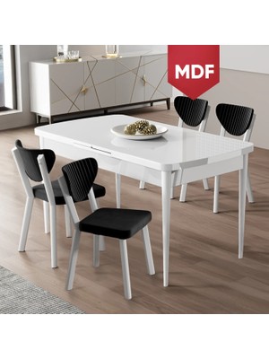 Canisa Exve Serisi 80X132 Açılabilir MDF Beyaz Masa Takımı ve 4 Siyah Sandalye