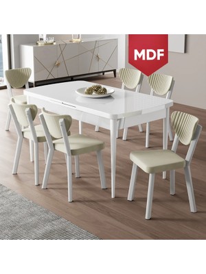 Canisa Exve Serisi 80 x 132 Açılabilir MDF Beyaz Masa Takımı ve 6 Krem Sandalye