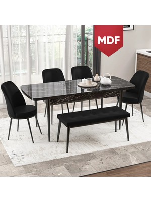 Canisa Concept Canisa Via Serisi MDF Bench'li 80X132 Açılabilir 1.sınıf  Siyah Mermer Desen Mutfak Masası Takımı