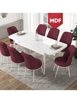 Canisa Concept Via Serisi MDF Açılabilir Beyaz Renk Mutfak Masası Takımı, Yemek Masası+8 Adet Sandalye