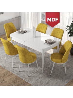 Canisa Concept Via Serisi MDF Açılabilir Beyaz Renk Mutfak Masası Takımı, Yemek Masası+6 Adet Sandalye