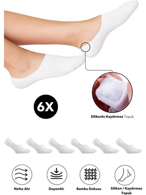 Bambu Kadın Babet Beyaz Çorap Dikişsiz Görünmez Kaydırmaz Topuk Silikonlu Premium 6'lı Beyaz Paket