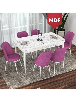 Canisa Concept Via Serisi MDF Beyaz Mermer Desen Açılabilir 80X132 Mutfak Masası Takımı 6 Adet Sandalye