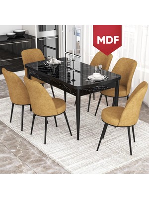 Canisa Concept Via Serisi MDF Siyah Mermer Desen 80X132 Açılabilir Mutfak Masası Takımı 6 Adet Sandalye