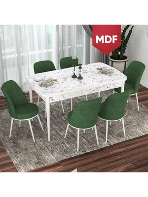 Canisa Concept Via Serisi MDF Beyaz Mermer Desen Açılabilir 80X132 Mutfak Masası Takımı 6 Adet Sandalye