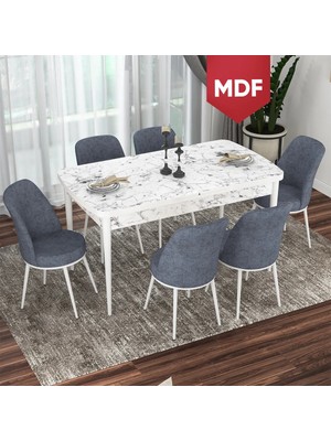 Canisa Concept Via Serisi MDF Beyaz Mermer Desen Açılabilir 80X132 Mutfak Masası Takımı 6 Adet Sandalye