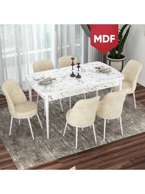 Canisa Concept Via Serisi MDF Beyaz Mermer Desen Açılabilir 80X132 Mutfak Masası Takımı 6 Adet Sandalye