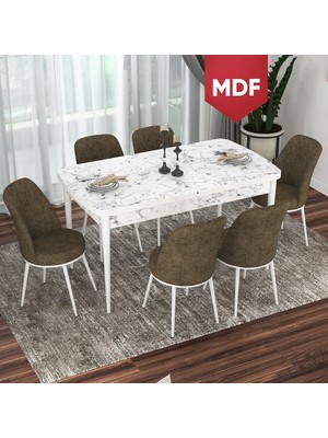 Canisa Concept Via Serisi MDF Beyaz Mermer Desen Açılabilir 80X132 Mutfak Masası Takımı 6 Adet Sandalye