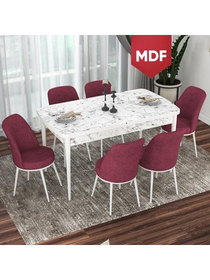 Canisa Concept Via Serisi MDF Beyaz Mermer Desen Açılabilir 80X132 Mutfak Masası Takımı 6 Adet Sandalye