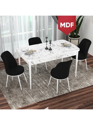 Canisa Concept  Via Serisi MDF Beyaz Mermer Desen Açılabilir 80X132 Mutfak Masası Takımı 4 Adet Sandalye