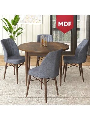 Canisa Concept Rox Serisi, MDF Yuvarlak Mutfak Masa Takımı, Barok Ahşap Desen Masa ve 4 Sandalye