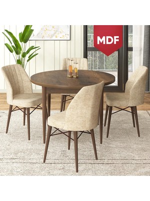 Canisa Concept Rox Serisi, MDF Yuvarlak Mutfak Masa Takımı, Barok Ahşap Desen Masa ve 4 Sandalye