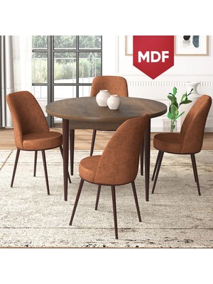 Canisa Concept Tor Serisi MDFYuvarlak Mutfak Masa Takımı, Barok Ahşap Desen Masa ve 4 Sandalye