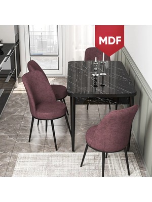 Canisa Concept Via Serisi MDF Siyah Mermer Desen 80X132 Açılabilir Mutfak Masası Takımı 4 Adet Sandalye