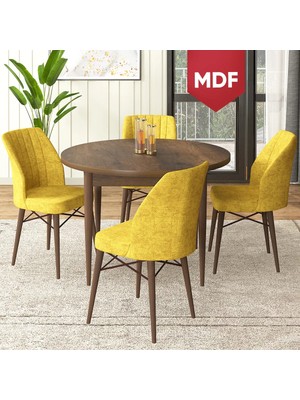 Canisa Concept Rox Serisi, MDF Yuvarlak Mutfak Masa Takımı, Barok Ahşap Desen Masa ve 4 Sandalye