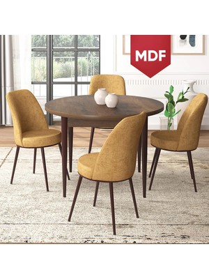 Canisa Concept Tor Serisi MDF Yuvarlak Mutfak Masa Takımı, Barok Ahşap Desen Masa ve 4 Sandalye