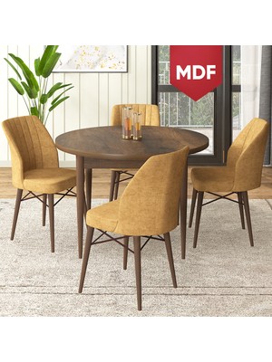 Canisa Concept Rox Serisi, MDF Yuvarlak Mutfak Masa Takımı, Barok Ahşap Desen Masa ve 4 Sandalye