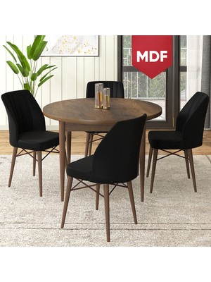Canisa Concept Rox Serisi, MDF Yuvarlak Mutfak Masa Takımı, Barok Ahşap Desen Masa ve 4 Sandalye
