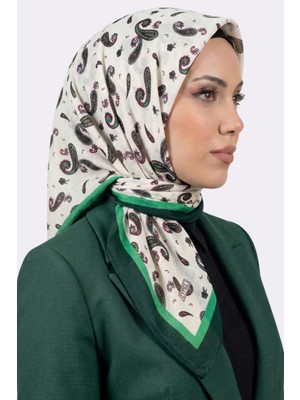 Hadiora Kadın Ekru Yeşil Şal Desenli Caz Eşarp