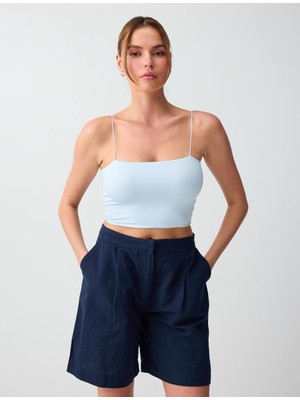 Jimmy Key Gök Mavisi Dar Kesim Açık Yaka Kısa Örme Bralet