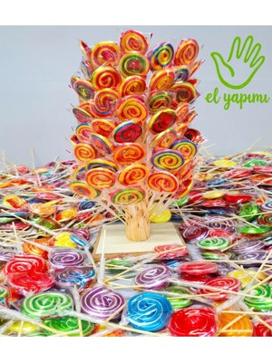 Honey Candy Balcı Şekerleme Küçük Boy El Yapımı 100 Adet Karışık Renk Sosyete Şeker Ahşap Stand Hediyeli Tutti Frutti Aromalı Lolipop Şeker
