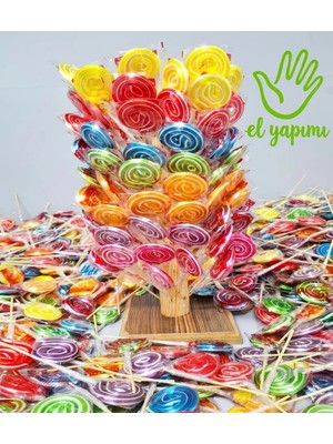 Honey Candy Balcı Şekerleme Küçük Boy El Yapımı 100 Adet Sosyete Şeker Ahşap Stand Hediyeli (Her Renk Ayrı Tat) Lolipop Şeker
