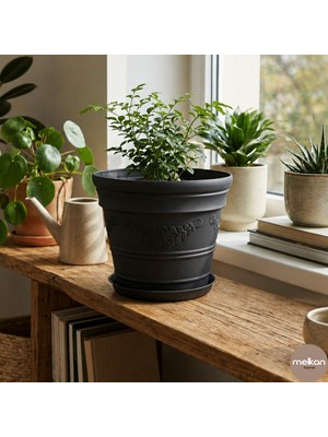 Melkan Home Papatya Desenli Dekoratif Siyah Saksı 3 Litre – Dayanıklı Çiçek Saksısı, Balkon Bahçe ve Salon