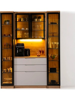 Maq Home Breda +2 Yan Modüllü Led Aydınlatmalı Kahve Köşesi ve Çok Amaçlı Dolap