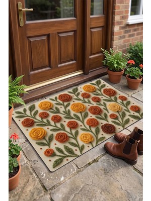 Valerine Life Sıcak Ilmekler Nakışlı Güller Temalı Welcome Hoş Geldiniz Dijital Baskılı Kapı Önü Paspası 45X70CM