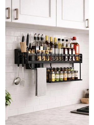 Binbirreyon Mutfak Rafı Alüminyum 2 Katlı Mutfak Rafı Baharatlık Organizer 58CM 10 Kanca Dahil RD096