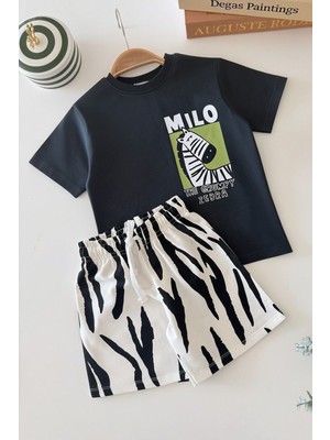 Miniğimin Cicileri Zebra Baskılı Tişört ve Zebra Desenli Şort Erkek Çocuk Takım - Antrasit