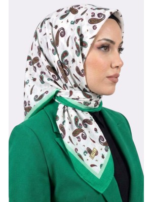 Hadiora Kadın Ekru Yeşil Şal Desenli Caz Eşarp