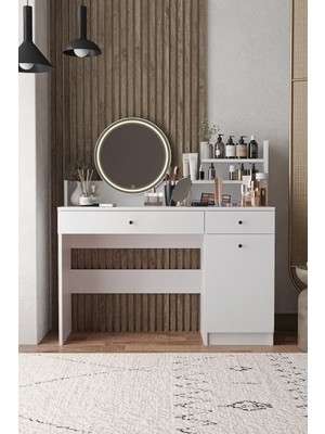 Sarmobi Maxi Makyaj Masası Ledli Yuvarlak Aynalı Beyaz