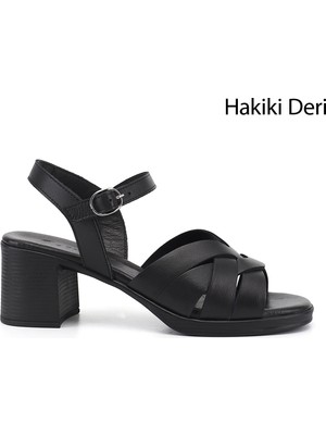 Gönderi(r) Kadın Siyah  Kalın Topuklu Hakiki Deri Sandalet