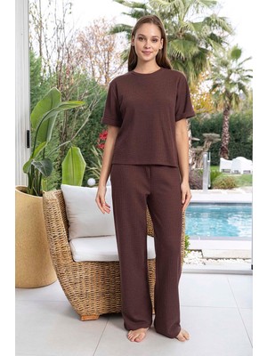 Aydoğan Kadın Kısa Kol Waffle Kumaş Pijama Takımı 260107 Kahverengi
