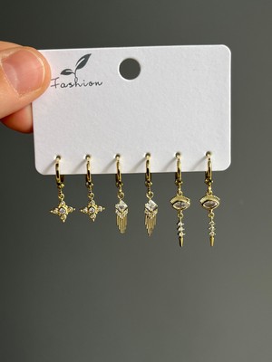 Yeknova Vıp 14K Gold Renginde Vintage 3 Çift (6ADET) Kararmaz Kadın Halka Küpe (Kıkırdak + Lobe Kombini)