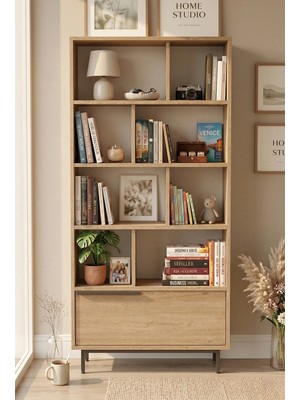 Yurudesign Ocean Kitaplık Raf 176 cm Kahverengi Suntalam Modern Tasarım Geniş Depolama Alanı