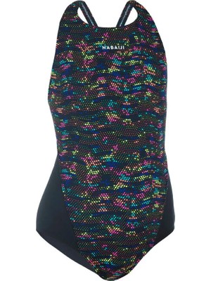 Decathlon Nabaiji Kız Çocuk Yüzücü Mayosu Siyah / Sarı Baskılı 7 - 8 Yaş Klora Karşı Dayanıklı