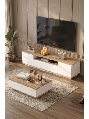 Yurudesign Future TV Ünitesi ve Orta Sehpa Seti Suntalam Malzeme Çam-Beyaz 180 cm Genişlik FR17-AW