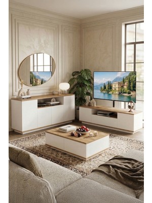 Yurudesign Future TV Ünitesi Orta Sehpa Konsol Seti Suntalam Beyaz Çam 3'lü 180 cm FR18-AW